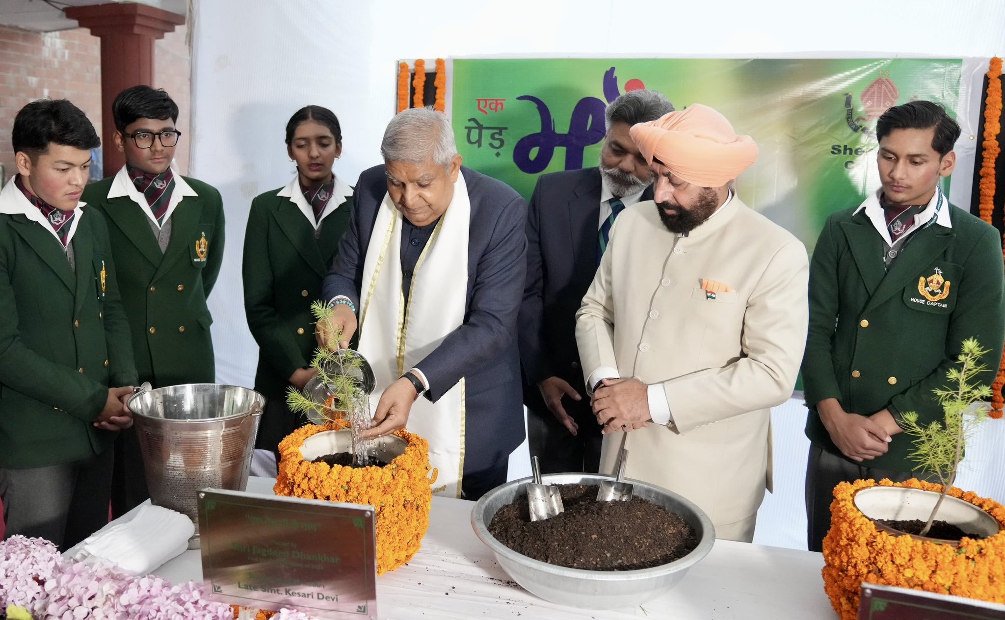 The Vice-President, Shri Jagdeep Dhankhar planting saplings at the premises of Sherwood College in Nainital, Uttarakhand on June 27, 2025. 