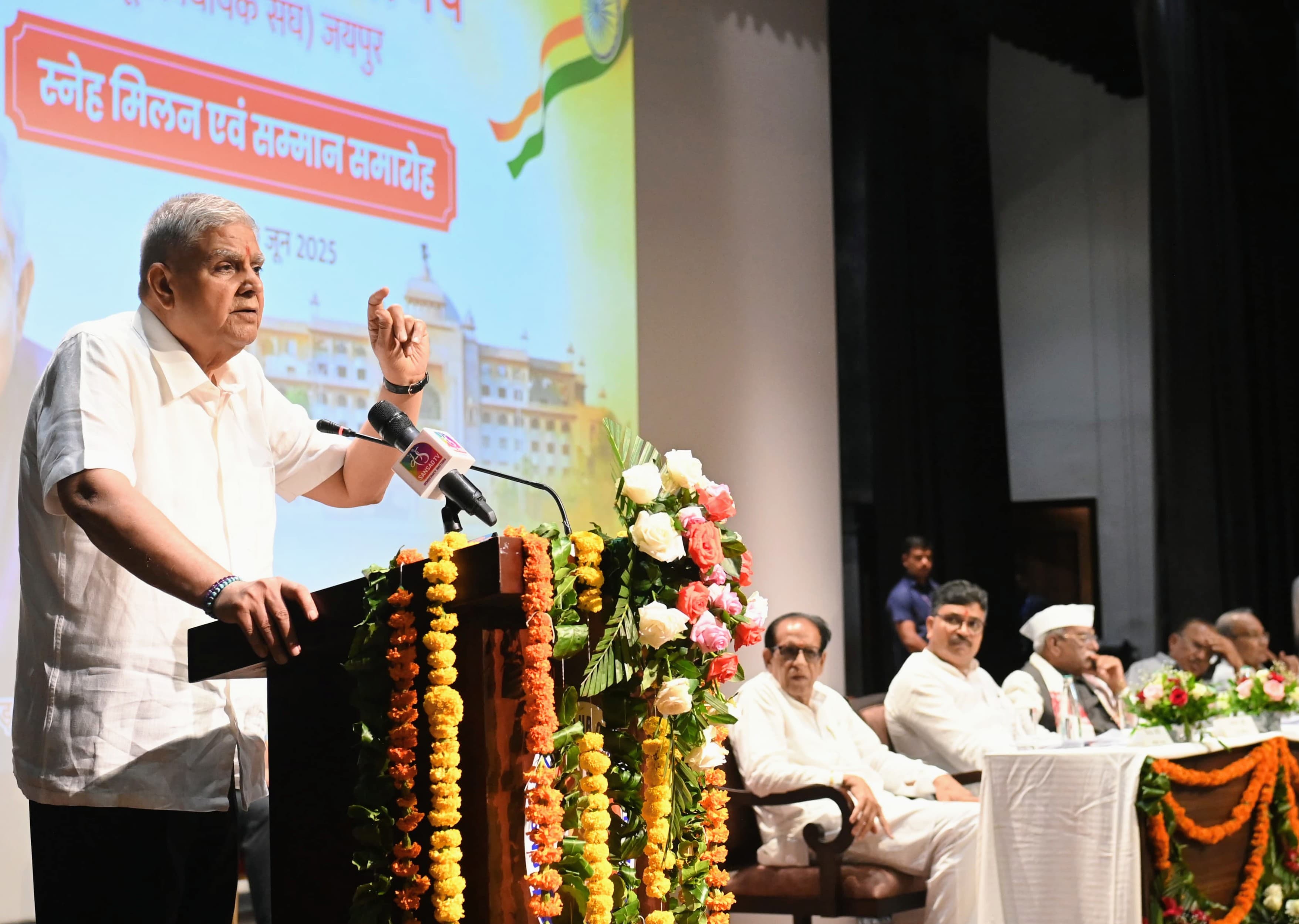 The Vice-President, Shri Jagdeep Dhankhar addressing the gathering at 'Sneh Milan Samaroh' in Jaipur, Rajathan on June 30, 2025. 