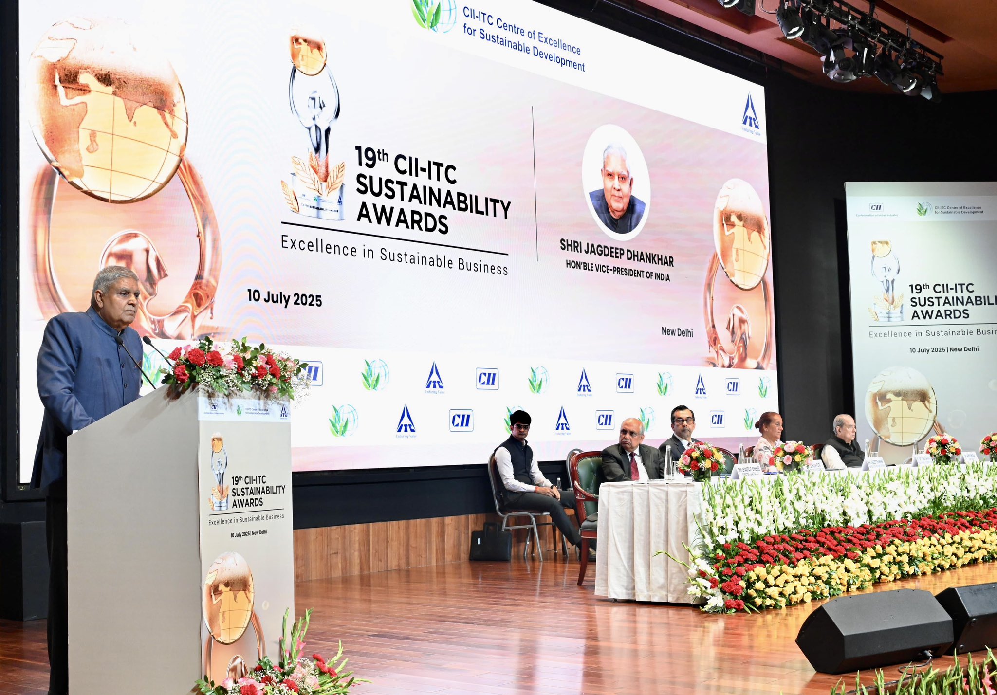 The Vice-President, Shri Jagdeep Dhankhar addressing the 19th Edition of the CII-ITC Sustainability Awards at Bharat Mandapam in New Delhi on July 10, 2025.