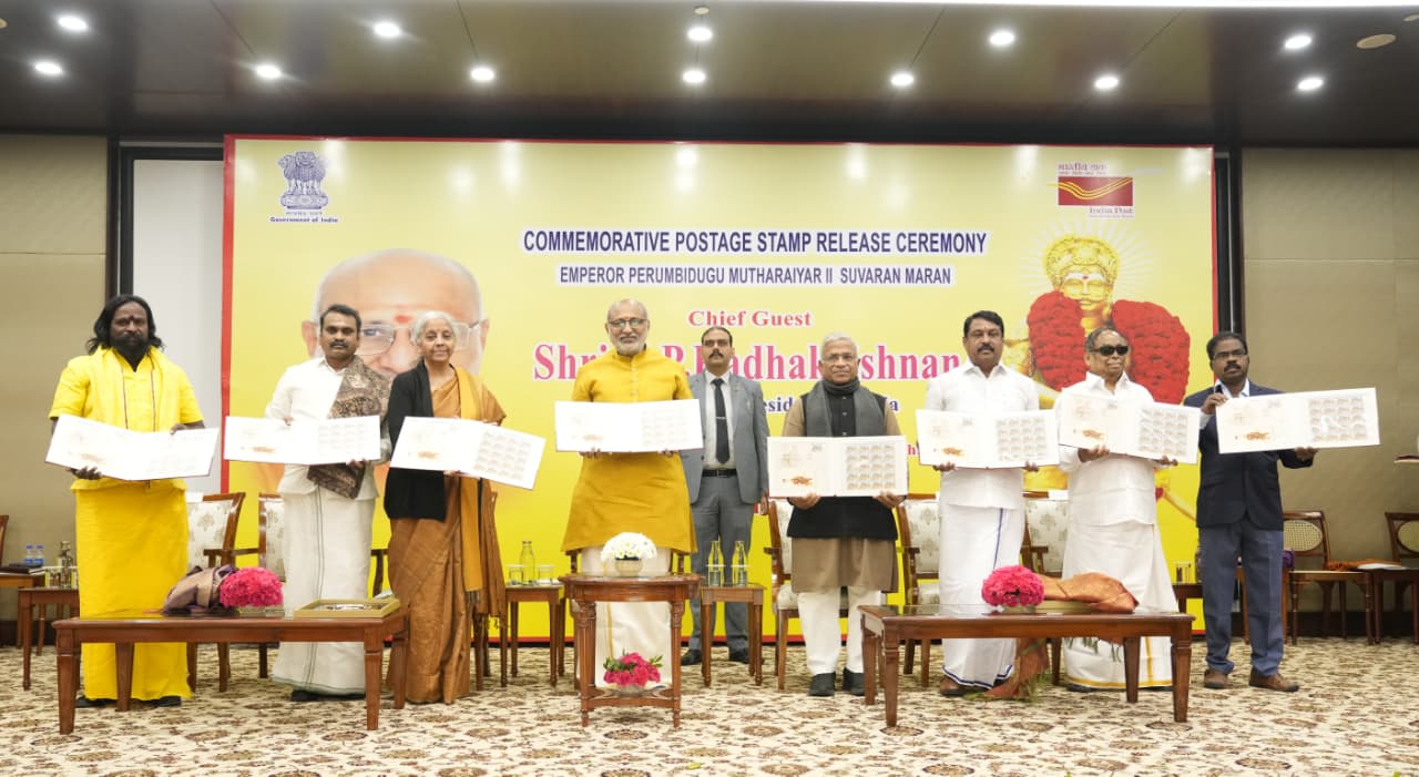Vice-President  Shri C. P. Radhakrishnan, released a commemorative postage stamp in honour of Emperor Perumbidugu Mutharaiyar II (Suvaran Maran) today at the Vice-President’s Enclave, New Delhi on 14.12.2025