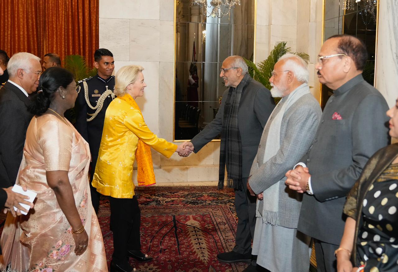Vice-President  Shri C. P. Radhakrishnan attended the banquet hosted by the Hon’ble President of India, Smt. Droupadi Murmu, in honour of H.E. Mr. António Costa, President of the European Council, and H.E. Ms. Ursula von der Leyen, President of the European Commission, at Rashtrapati Bhavan on 27.01.2026 