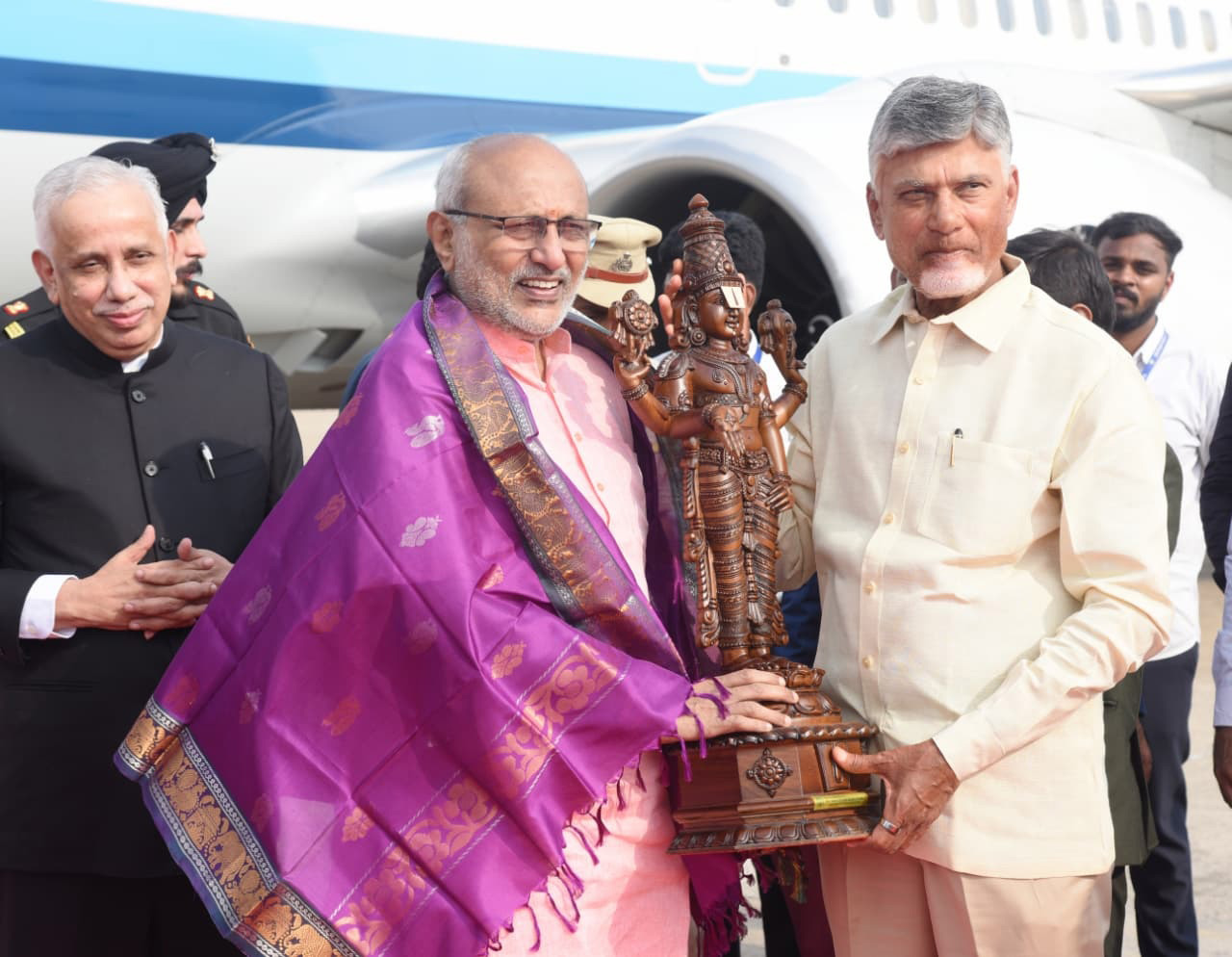 The Vice-President of India, Shri C. P. Radhakrishnan being welcomed by Governor of Andhra Pradesh, Shri S. Abdul Nazeer and the Chief Minister of Andhra Pradesh, Shri N. Chandrababu Naidu on his arrival at Vijayawada airport, in Andhra Pradesh on September 24, 2025.