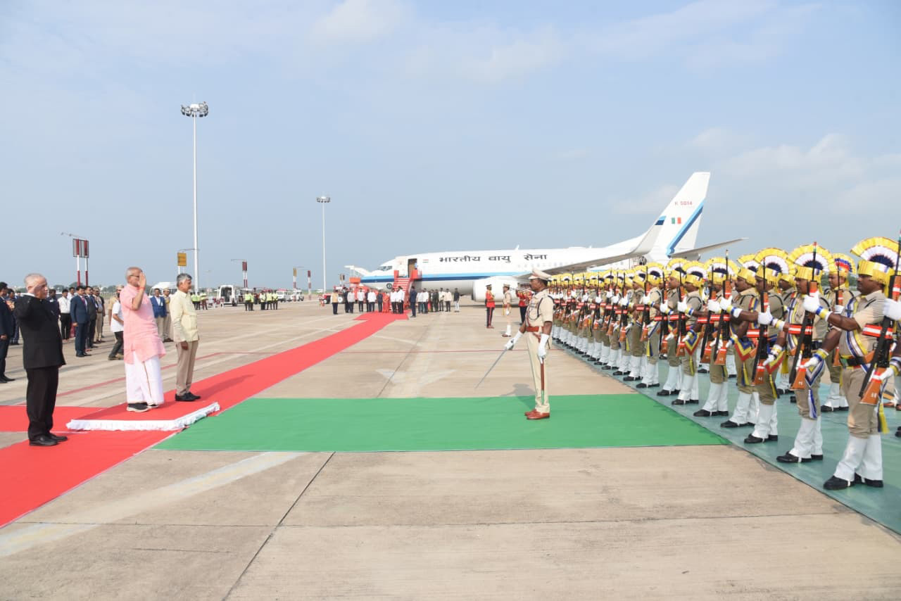 The Vice-President of India, Shri C. P. Radhakrishnan inspecting the Guard of Honour upon his arrival at Vijayawada airport, in Andhra Pradesh on September 24, 2025.