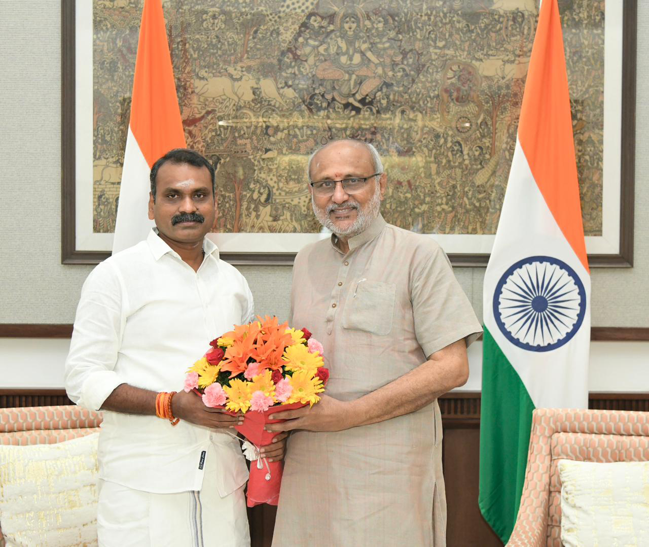 The Vice President of India & Chairman of the Rajya Sabha, Shri C. P. Radhakrishnan met the Minister of State for Information and Broadcasting and Parliamentary Affairs, Dr. L. Murugan at Vice-President’s Enclave, in New Delhi on October 01, 2025.