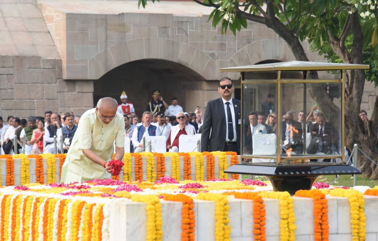 The Vice President of India & Chairman of the Rajya Sabha, Shri C. P. Radhakrishnan paying floral tributes and homage at the Samadhi of Mahatma Gandhi on the occasion of Gandhi Jayanti at Rajghat, in Delhi on October 02, 2025.