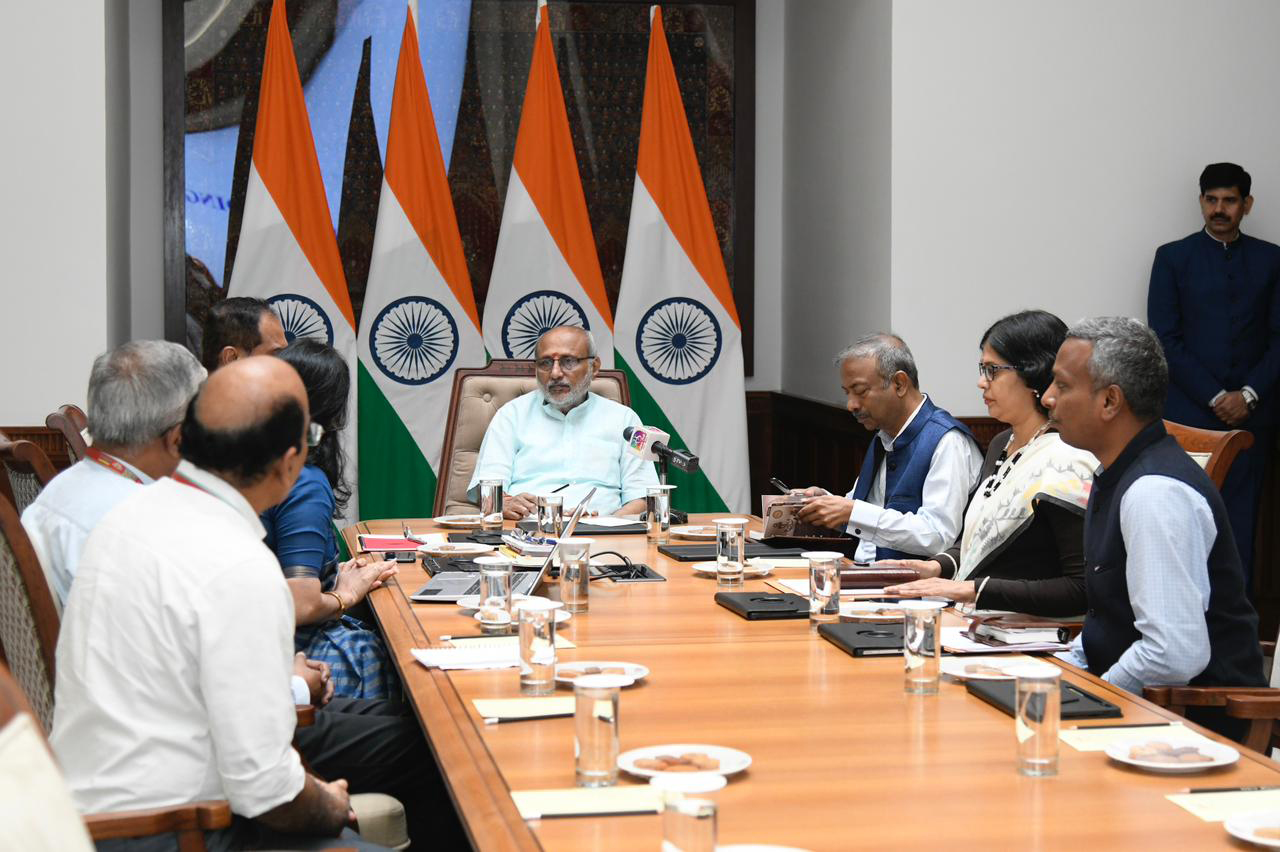 The Vice President of India & Chairman of the Rajya Sabha, Shri C. P. Radhakrishnan interacted with the officials of the Rajya Sabha Secretariat and reviewed its functioning, including its role in providing legislative, administrative, and procedural support to the House and its Members at Rajya Sabha Secretariat, in New Delhi on October 06, 2025.