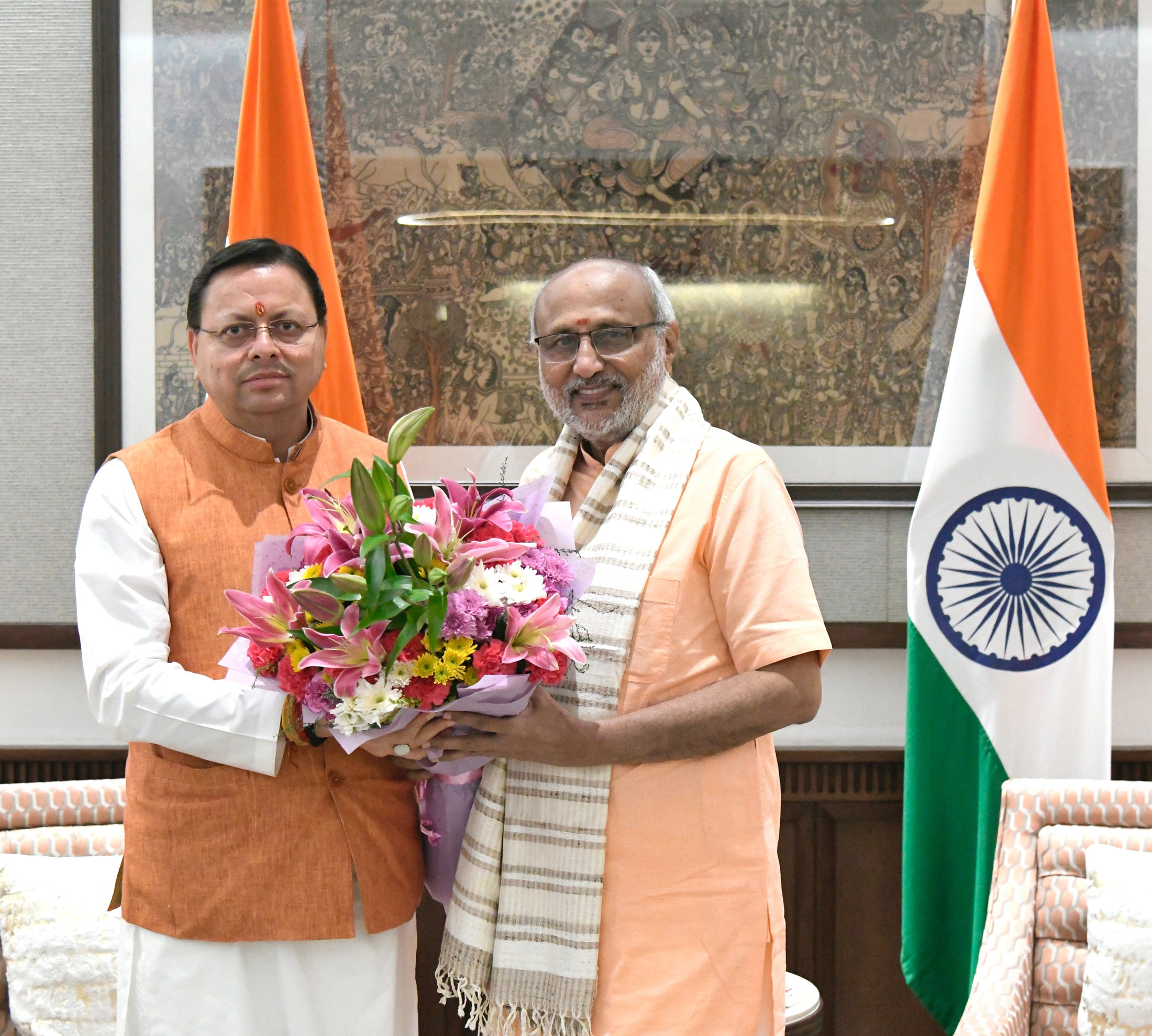 The Vice President of India & Chairman of the Rajya Sabha, Shri C. P. Radhakrishnan met the Chief Minister of Uttarakhand, Shri Pushkar Singh Dhami, at Vice-President’s Enclave, in New Delhi on October 07, 2025.