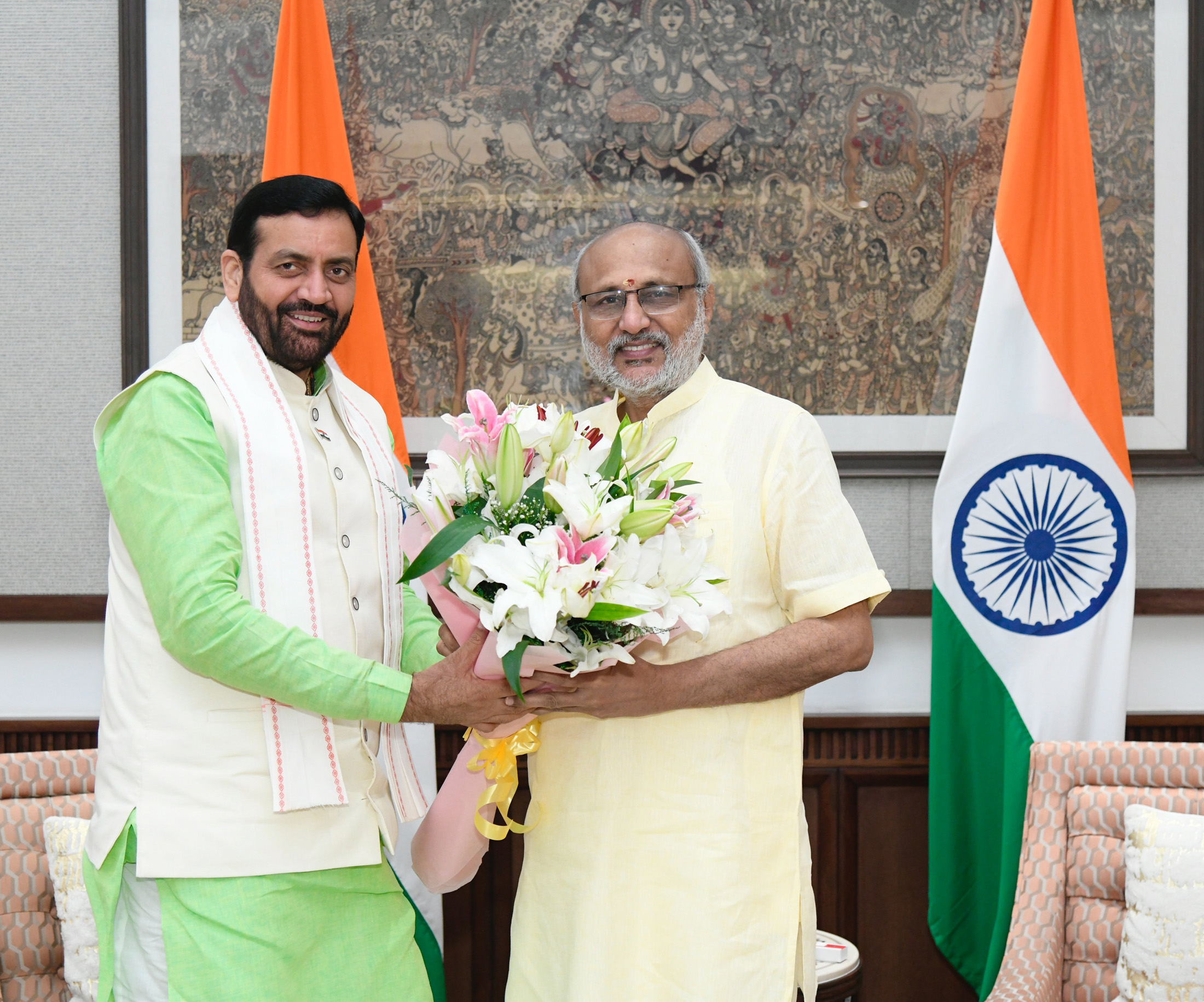 The Vice President of India & Chairman of the Rajya Sabha, Shri C. P. Radhakrishnan met the Chief Minister of Haryana, Shri Nayab Singh Saini at Vice-President’s Enclave, in New Delhi on October 09, 2025.