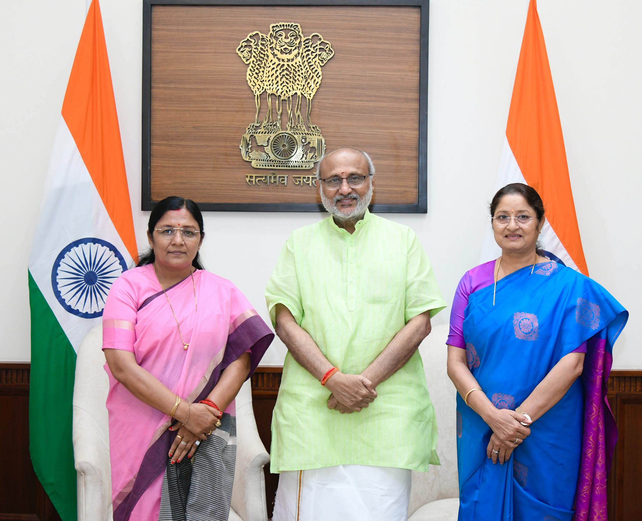 The Vice President of India & Chairman of the Rajya Sabha, Shri C. P. Radhakrishnan met the Union Minister of Women & Child Development, Smt. Annpurna Devi, and the Union Minister of State Smt. Savitri Thakur at Parliament House, in New Delhi on October 10, 2025.