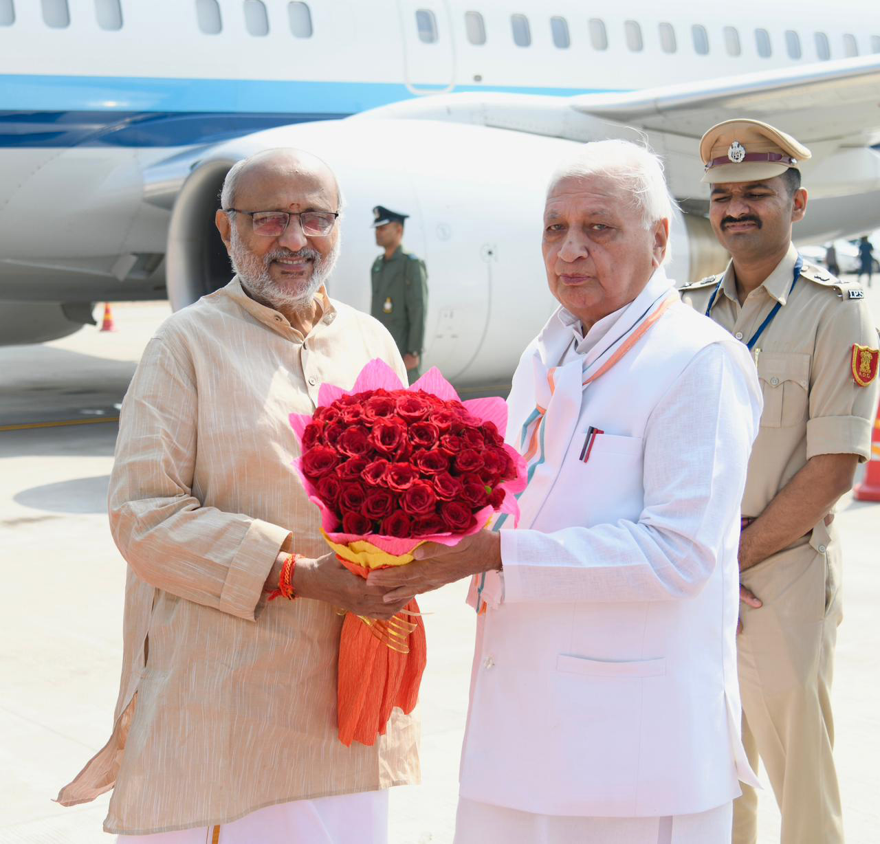On his visit to Bihar on the 123rd birth anniversary of Bharat Ratna Lok Nayak Shri Jayaprakash Narayan Ji, the Vice President of India & Chairman of the Rajya Sabha, Shri C. P. Radhakrishnan was accorded a warm welcome at Lok Nayak Jayaprakash Narayan Patna International Airport by Hon’ble Governor Shri Arif Mohammed Khan and other dignitaries, on October 11, 2025.
