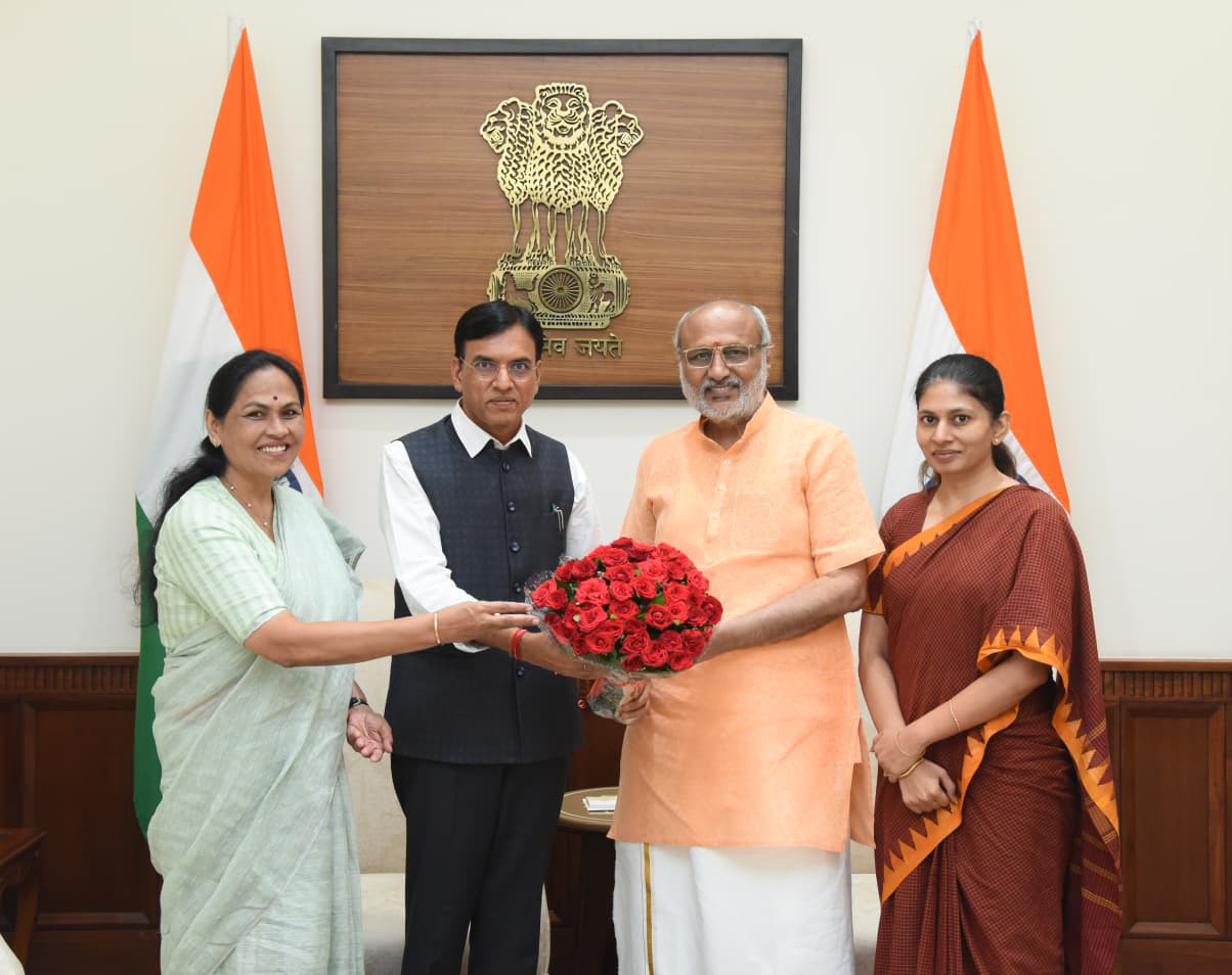 The Vice President of India & Chairman of the Rajya Sabha, Shri C. P. Radhakrishnan met the Union Minister of Labour & Employment and Youth Affairs & Sports, Dr. Mansukh Mandaviya along with the Minister of State for Micro, Small and Medium Enterprises and Labour and Employment, Sushri Shobha Karandlaje and the Minister of State for Youth Affairs & Sports, Smt. Raksha Nikhil Khadse at Parliament House, in New Delhi on October 14, 2025.
