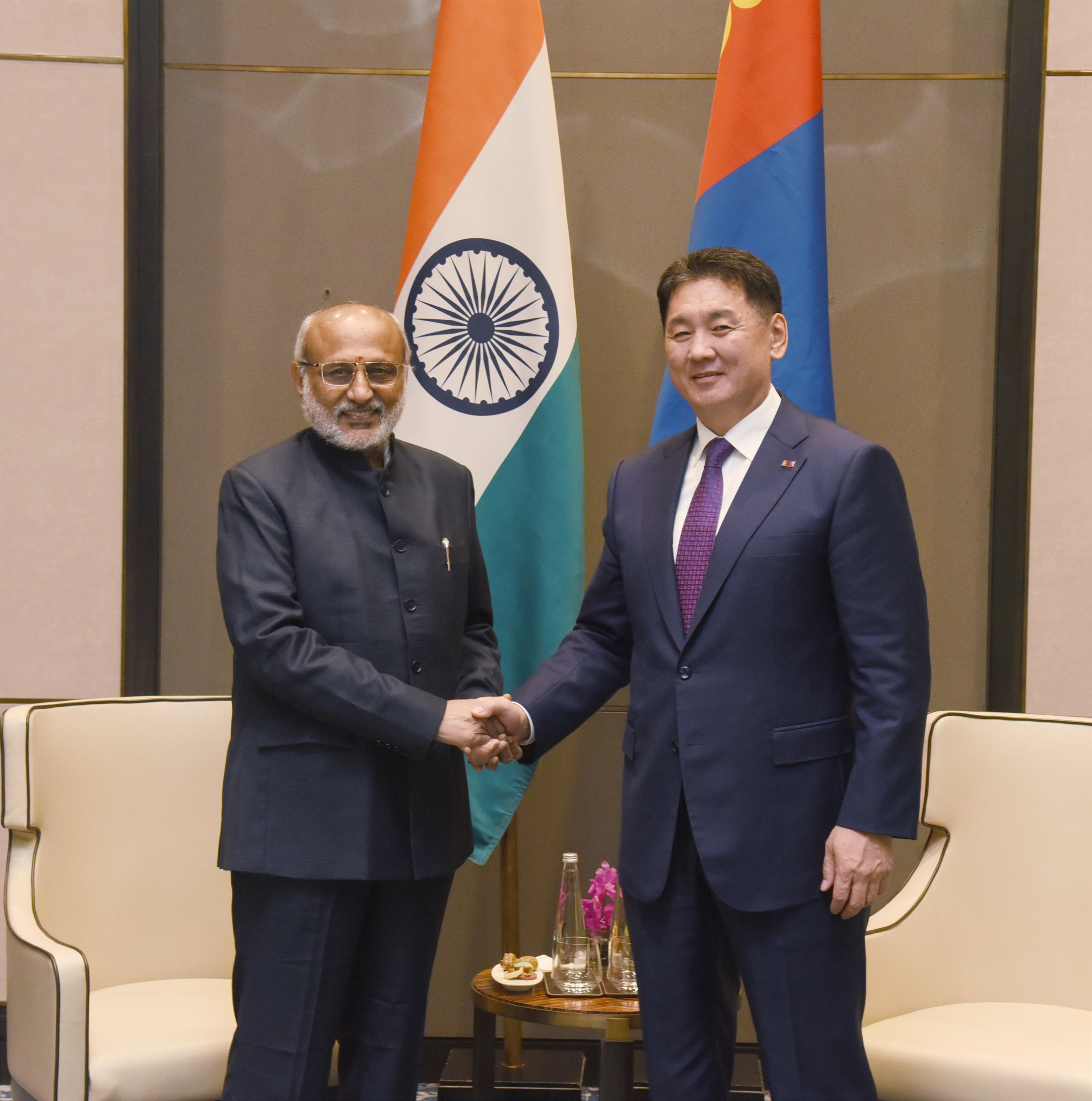 The Vice President of India & Chairman of the Rajya Sabha, Shri C. P. Radhakrishnan met his Excellency the President of Mongolia Mr. Khurelsukh Ukhnaa during the meeting, the leaders discussed various aspects of bilateral relations, in New Delhi on October 14, 2025.