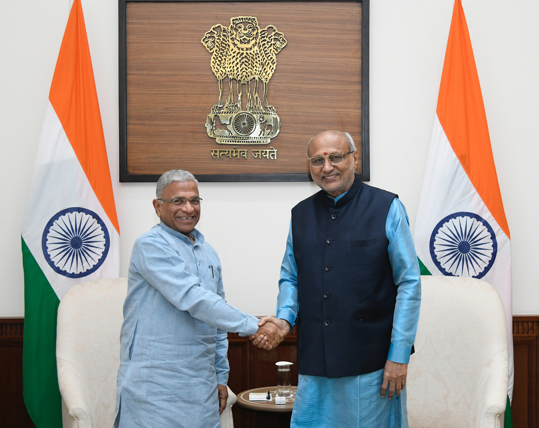 Deputy Chairman of Rajya Sabha, Shri Harivansh called on the Vice-President and Chairman of Rajya Sabha, Shri C. P. Radhakrishnan in his chamber at the Parliament House, in New Delhi on October 16, 2025.