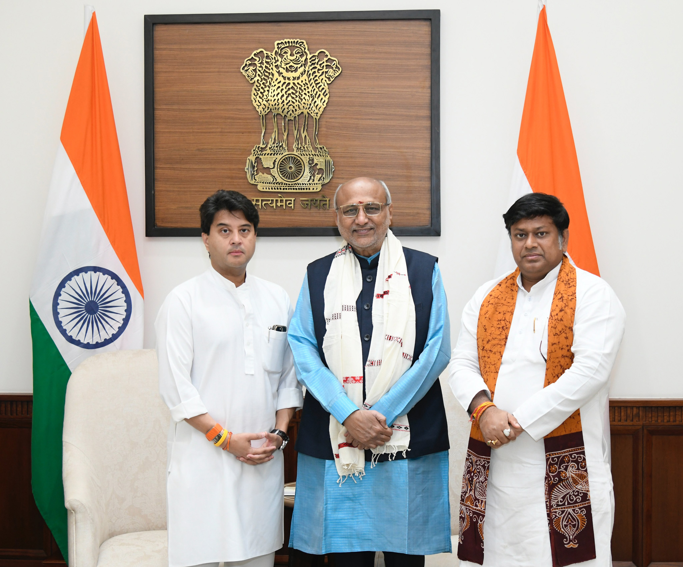 The Union Minister of Communications and Development of North Eastern Region (DoNER), Shri Jyotiraditya M. Scindia along with the Minister of State for Education & Development of North Eastern Region (DoNER), Dr. Sukanta Majumdar called on the Vice-President and Chairman of Rajya Sabha, Shri C. P. Radhakrishnan at Parliament House, in New Delhi on October 16, 2025.