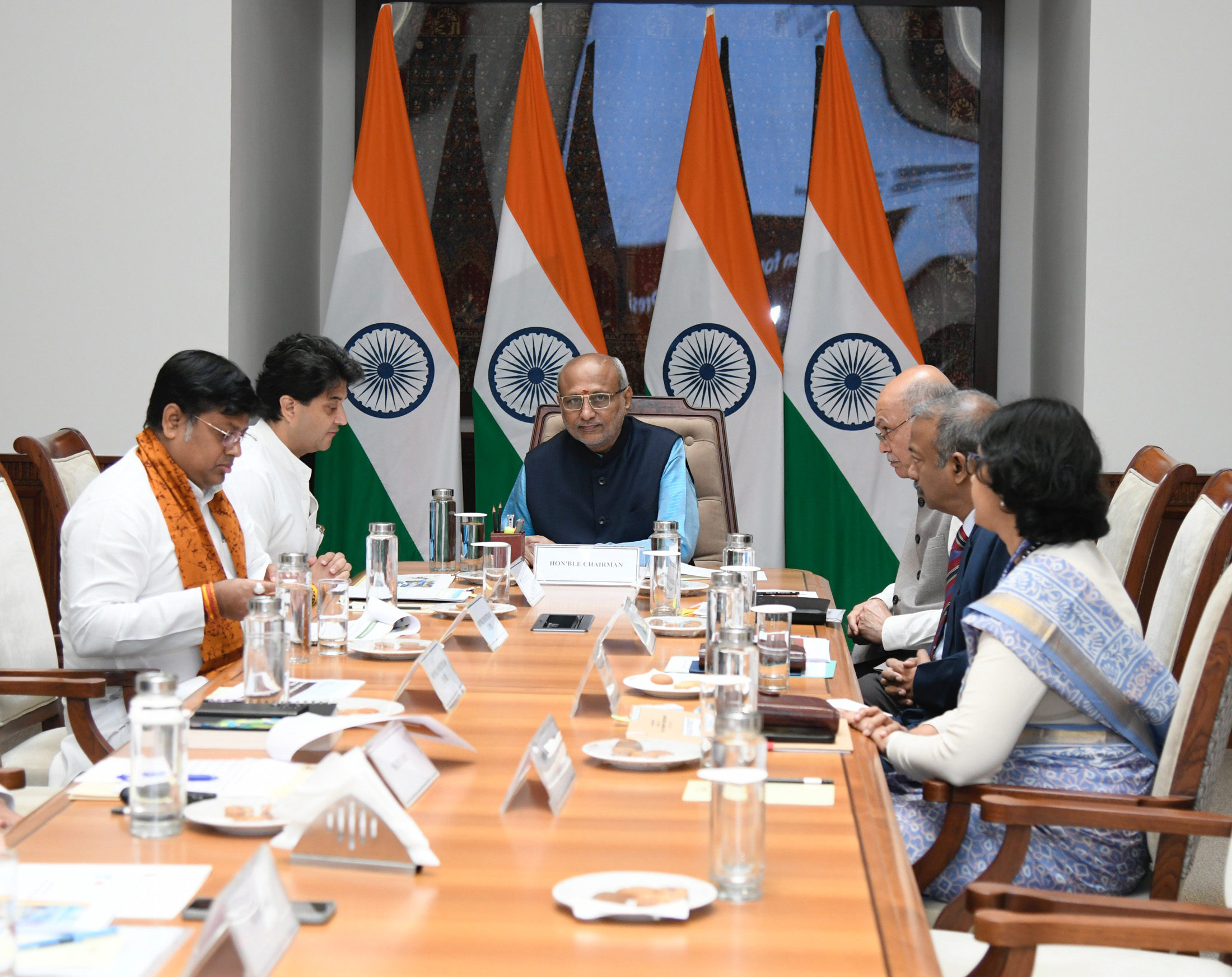 The Union Minister of Communications and Development of North Eastern Region (DoNER), Shri Jyotiraditya M. Scindia along with the Minister of State for Education & Development of North Eastern Region (DoNER), Dr. Sukanta Majumdar called on the Vice-President and Chairman of Rajya Sabha, Shri C. P. Radhakrishnan at Parliament House, in New Delhi on October 16, 2025.