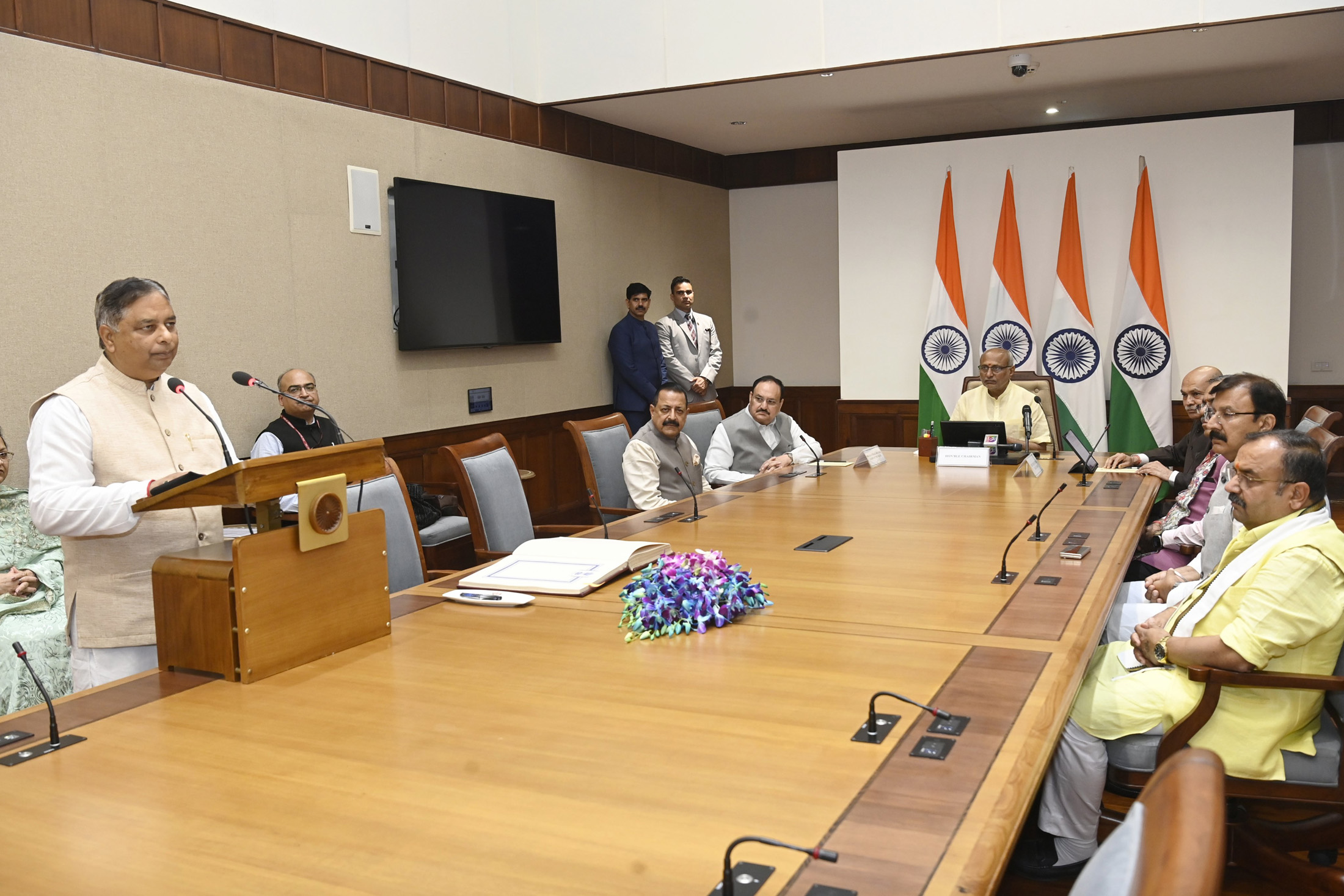 The Vice-President of India and Chairman, Rajya Sabha, Shri C. P. Radhakrishnan administered the oath to Shri Sat Paul Sharma as an elected Member of the Rajya Sabha at Parliament House, in New Delhi on November 06, 2025. Hon’ble Union Ministers Shri J. P. Nadda and Dr. Jitendra Singh, along with other dignitaries, were present during the oath-taking ceremony.