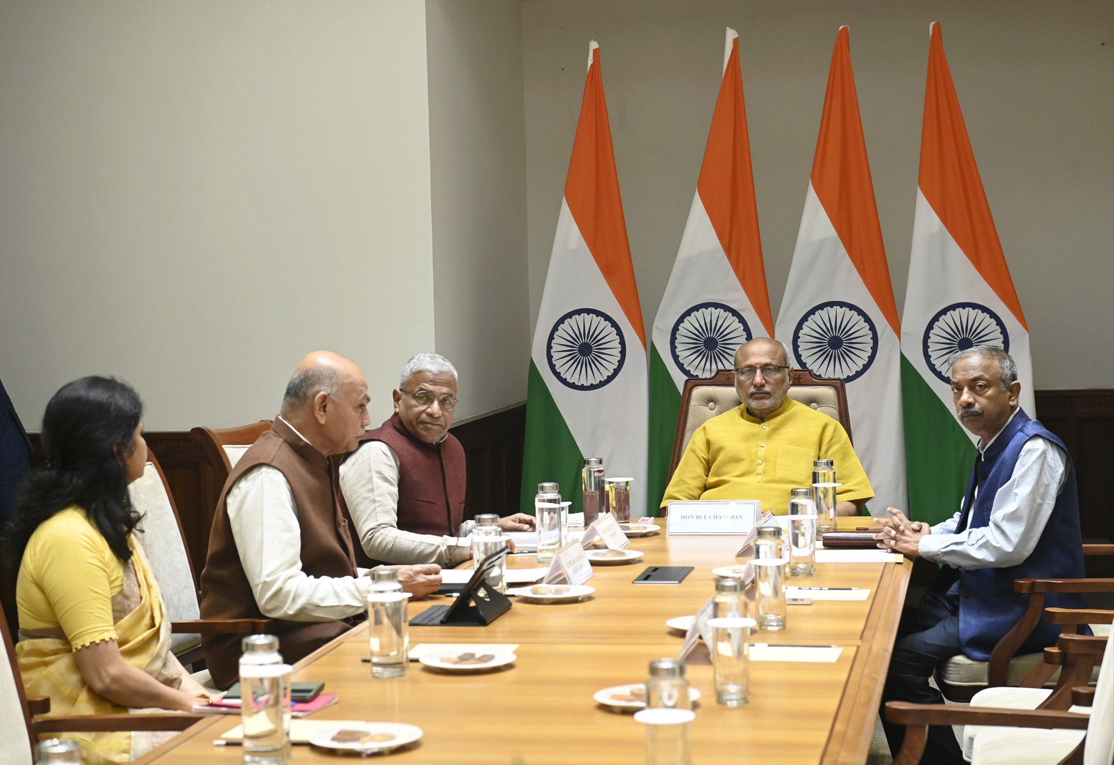 The Vice President of India and Chairman of Rajya Sabha, Shri C. P. Radhakrishnan held a meeting with the Deputy Chairman of Rajya Sabha, Shri Harivansh, and Secretary General to discuss preparations for the upcoming Winter Session at Parliament House, in New Delhi on November 13, 2025.