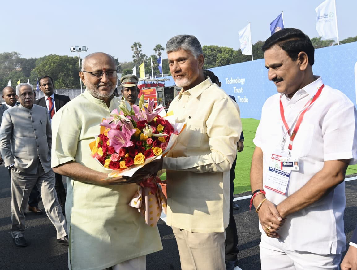 The Vice President of India and Chairman of Rajya Sabha, Shri C. P. Radhakrishnan being warmly welcomed by the Chief Minister of Andhra Pradesh, Shri N. Chandrababu Naidu and other dignitaries ahead the inaugural session of the 30th CII Partnership Summit 2025 on his arrival at Visakhapatnam, in Andhra Pradesh on November 14, 2025.