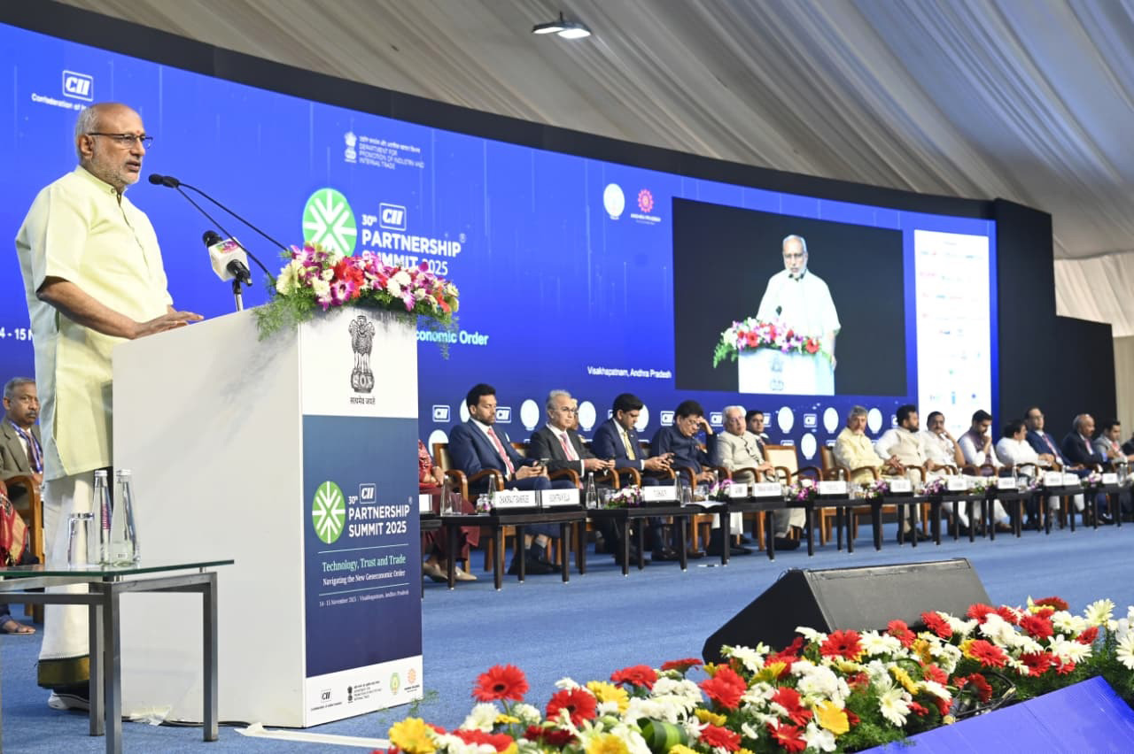 The Vice-President Shri C. P. Radhakrishnan addressing at the inaugural session of the 30th CII (Confederation of Indian Industry) Partnership Summit 2025 as the Chief Guest in Visakhapatnam, Andhra Pradesh on November 14, 2025.