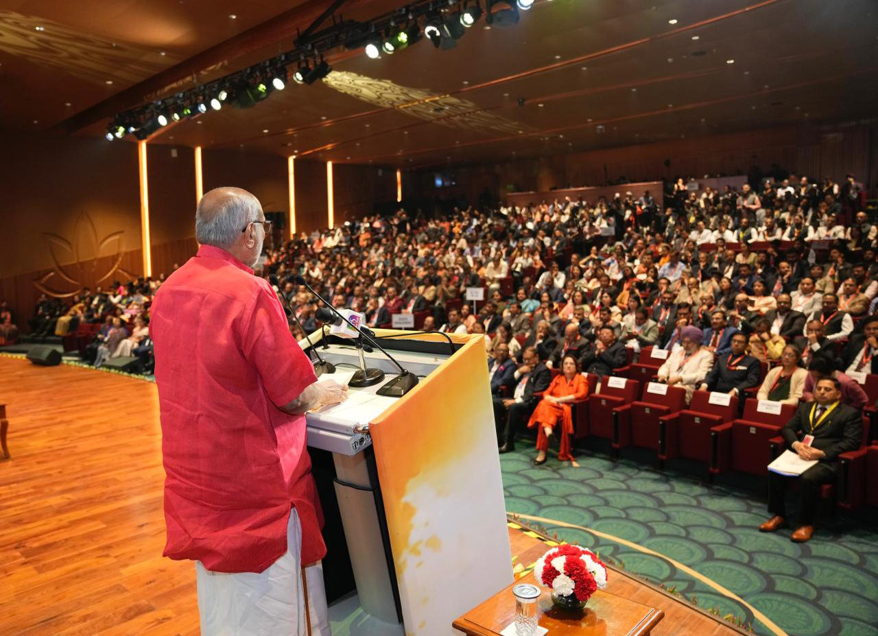 The Vice President of India and Chairman of Rajya Sabha, Shri C. P. Radhakrishnan addressing the gathering at the Audit Diwas Celebrations-2025 at Bharat Mandapam, in New Delhi on November 16, 2025.