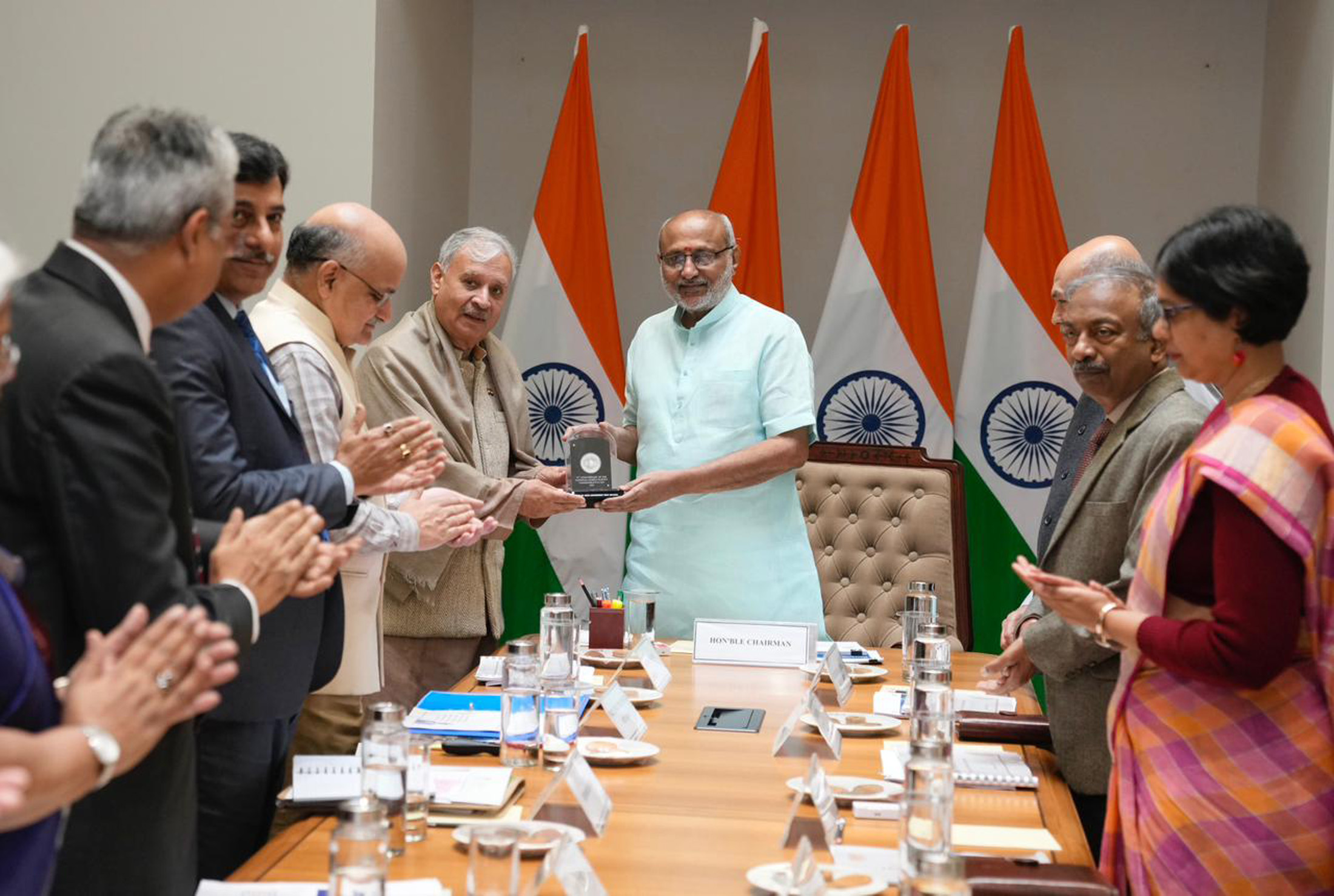 The Minister of State (Independent Charge) for Statistics & Programme Implementation, Planning (Independent Charge) and Culture, Shri Rao Inderjit Singh accompanied by senior officials of NITI Aayog and MoSPI called on the Vice President of India, Shri C. P. Radhakrishnan at Parliament House, in New Delhi on November 21, 2025.