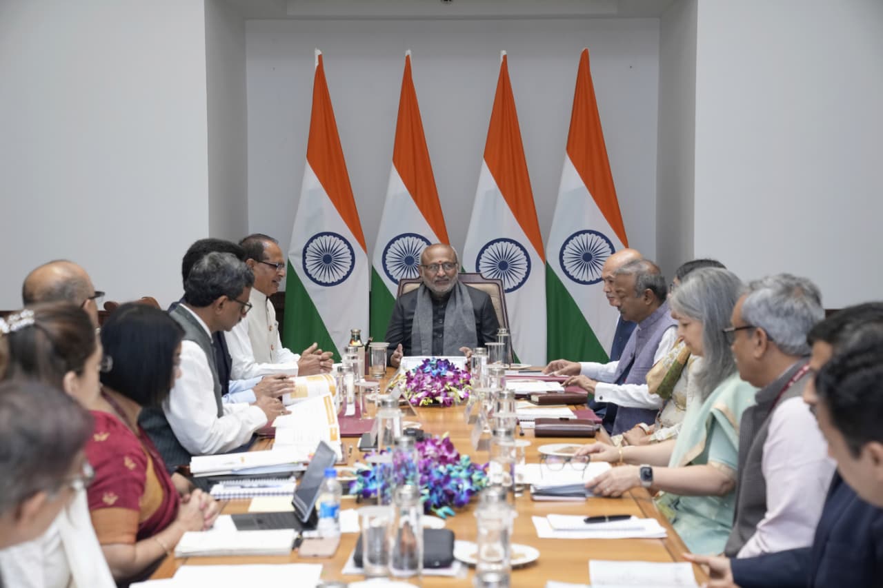 Union Minister Shri Shivraj Singh Chouhan and Minister of State Dr. Chandra Sekhar Pemmasani, along with senior officials of the Ministry of Rural Development, called on the Vice-President of India, Shri C. P. Radhakrishnan, at Parliament House on 03.03.2026