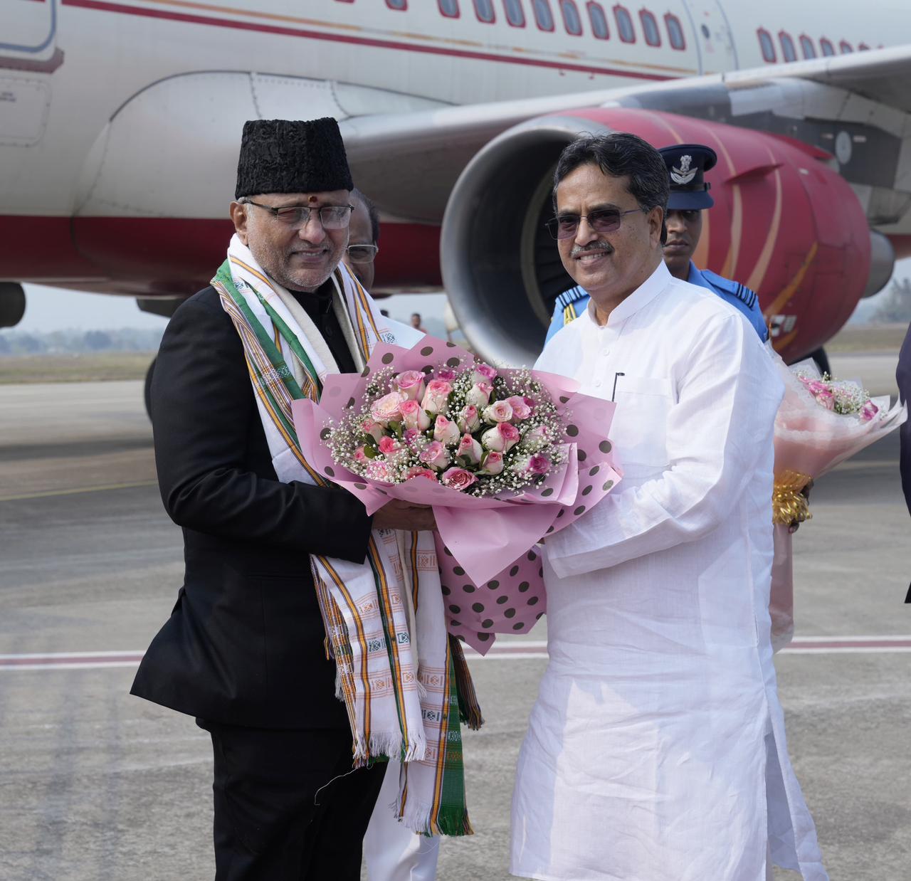 Vice President Shri C. P. Radhakrishnan was warmly received by Governor of Tripura, Shri Indrasena Reddy Nallu and Chief Minister of Tripura, Prof. (Dr.) Manik Saha at Maharaja Bir Bikram Airport, Agartala on 07.03.2026 