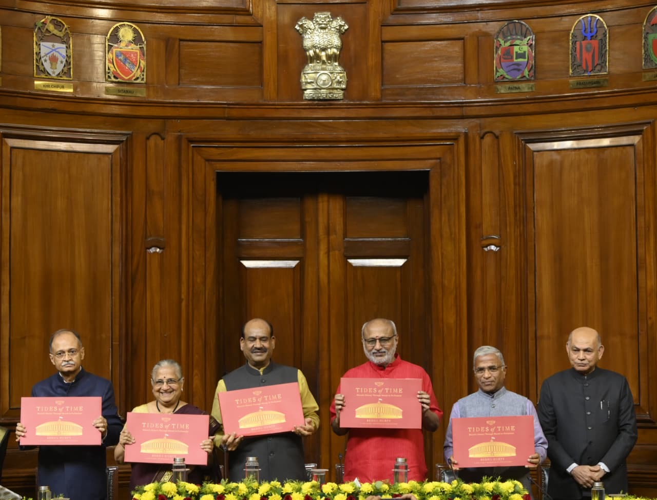 Vice President of India and Chairman, Rajya Sabha, Shri C. P. Radhakrishnan released the publication ‘Tides of Time: Bharat’s History through Murals in Parliament’, authored by Member of Parliament (Rajya Sabha), Smt. Sudha Murty, at Samvidhan Sadan, New Delhi on 01.04.2026 