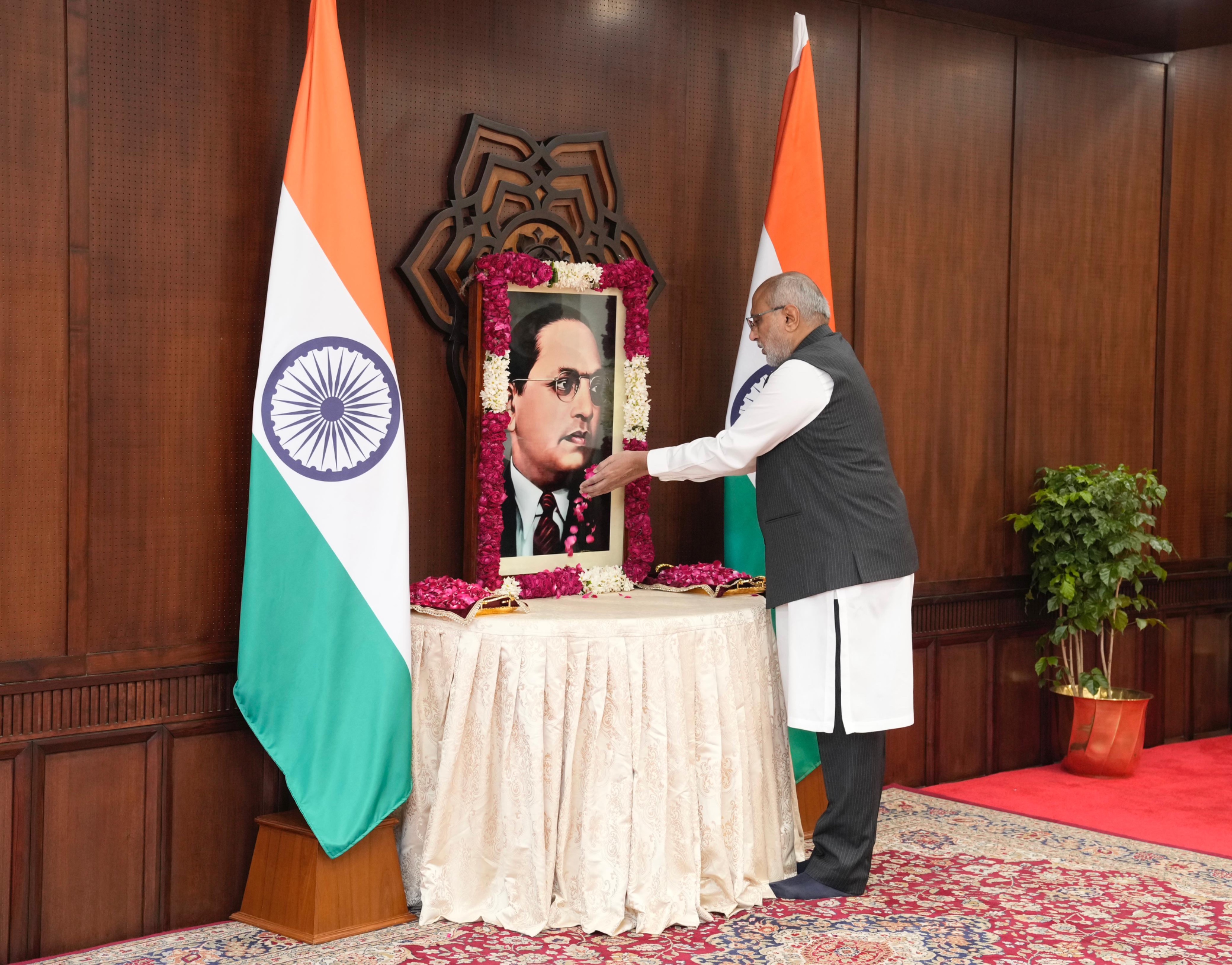 Vice-President Shri C. P. Radhakrishnan paid tributes to Babasaheb Dr. B. R. Ambedkar on his birth anniversary at Uprashtrapati Bhawan on 14.04.2026 
