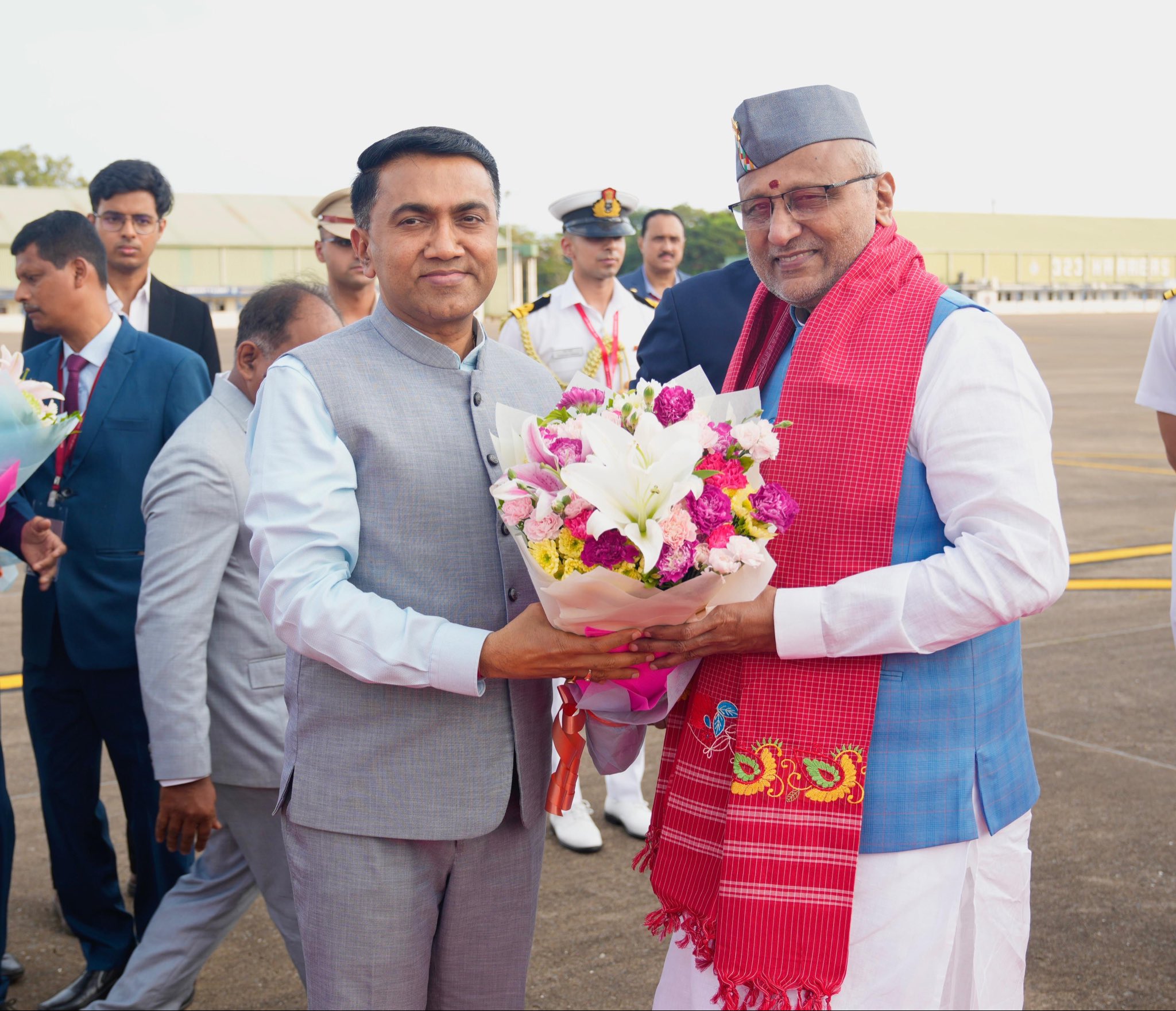 Vice President Shri C. P. Radhakrishnan arrived at Goa Dabolim Airport (INS Hansa) to a warm reception by Governor of Goa Shri Pusapati Ashok Gajapathi Raju, Chief Minister Dr. Pramod Sawant, and other dignitaries on 29.05.2026 