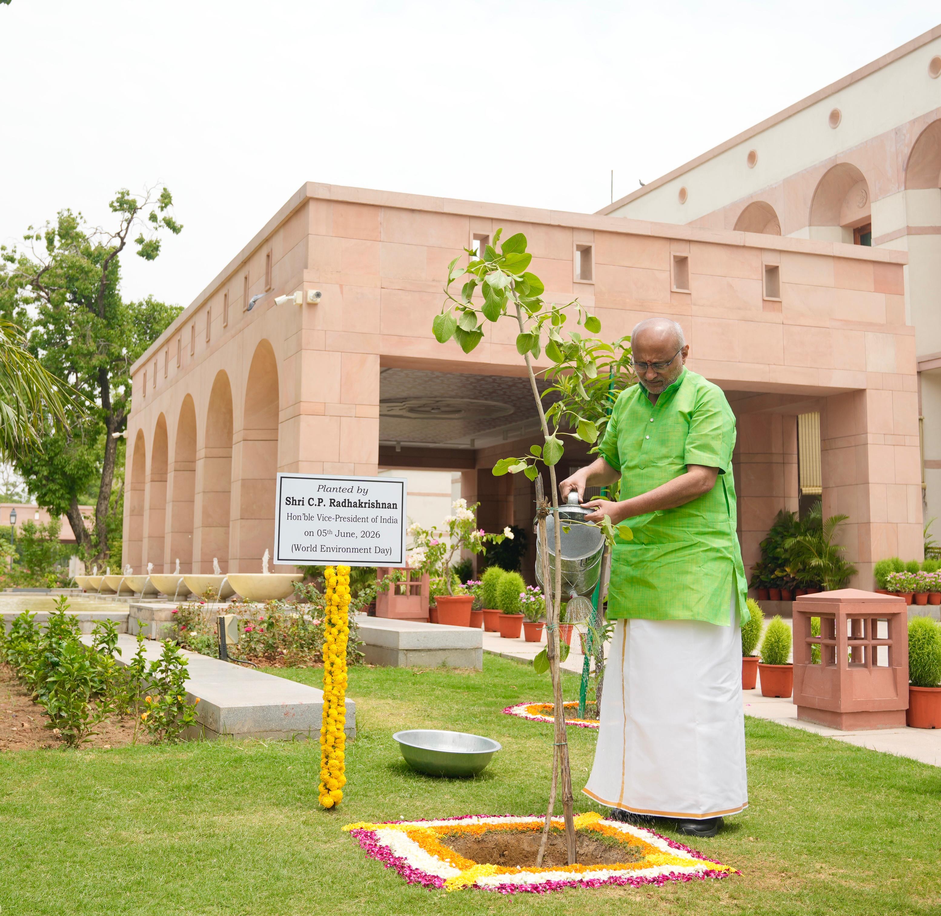 Vice President Shri C. P. Radhakrishnan planted a sapling at Uprashtrapati Bhavan on the occasion of World Environment Day on 05.06.2026