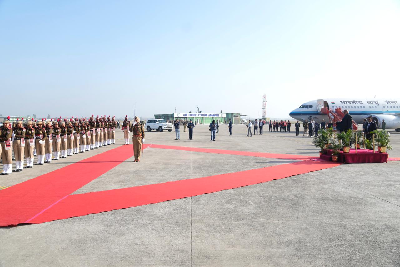 Vice-President of India, Shri C. P. Radhakrishnan, arrived  at Adampur Airport, Jalandhar, Punjab on 09.01.2026. He was received by the Governor of Punjab, Shri Gulab Chand Kataria, and the Minister for Defence Services Welfare, Freedom Fighters and Horticulture, Government of Punjab, Shri Mohinder Bhagat, along with other dignitaries. The Vice-President was also accorded a Guard of Honour upon his arrival.