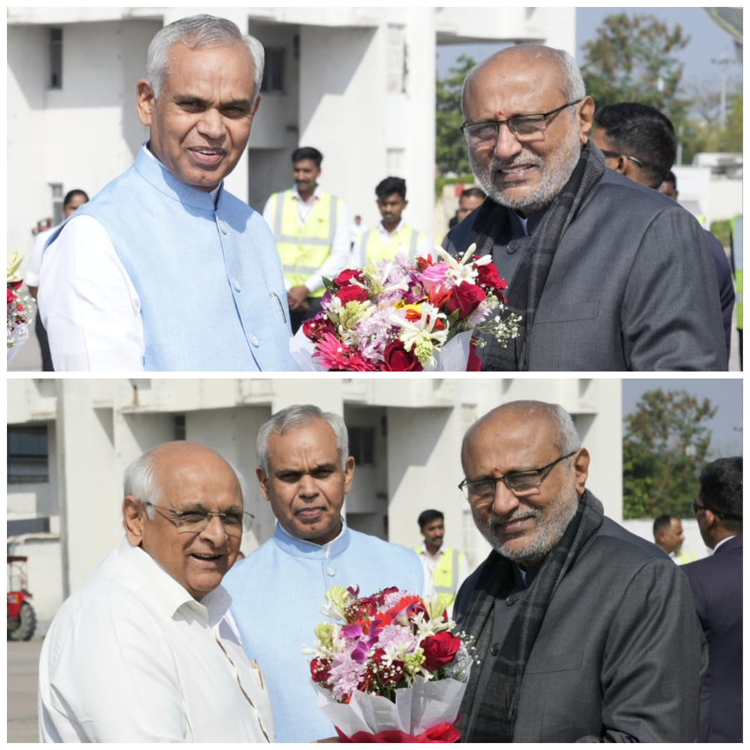 Hon’ble Vice-President Shri C. P. Radhakrishnan was warmly welcomed by Hon’ble Governor of Gujarat Shri Acharya Devvrat, Hon’ble Chief Minister of Gujarat Shri Bhupendra Patel, and other dignitaries at Vadodara Airport on 06.12.2025