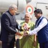 The Vice-President, Shri Jagdeep Dhankhar being welcomed by Smt. Anandiben Patel, Governor of Uttar Pradesh, along with other dignitaries on his arrival in Aligarh, Uttar Pradesh on October 21, 2024.