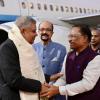 The Vice-President, Shri Jagdeep Dhankhar being welcomed by Shri Ramen Deka, Governor of Chhattisgarh, Shri Vishnu Deo Sai, Chief Minister of Chhattisgarh, Shri Arun Sao, Deputy Chief Minister of Chhattisgarh and other dignitaries on his arrival in Raipur, Chhattisgarh on November 6, 2024.