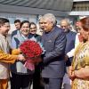 The Vice-President, Shri Jagdeep Dhankhar and Dr. Sudesh Dhankhar being welcomed by Shri C. P. Radhakrishnan, Governor of Maharashtra, Shri Mangal Prabhat Lodha and Shri Jaykumar Rawal, Ministers, Government of Maharashtra and other dignitaries on their arrival in Mumbai, Maharashtra on March 6, 2025.