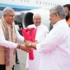 The Vice-President, Shri Jagdeep Dhankhar being welcomed by Shri Nitish Kumar, Chief Minister of Bihar, Shri Samrat Choudhary, Deputy Chief Minister of Bihar, Shri Vijay Choudhary, Minister, Government of Bihar and other dignitaries on his arrival in Patna, Bihar on June 24, 2025.